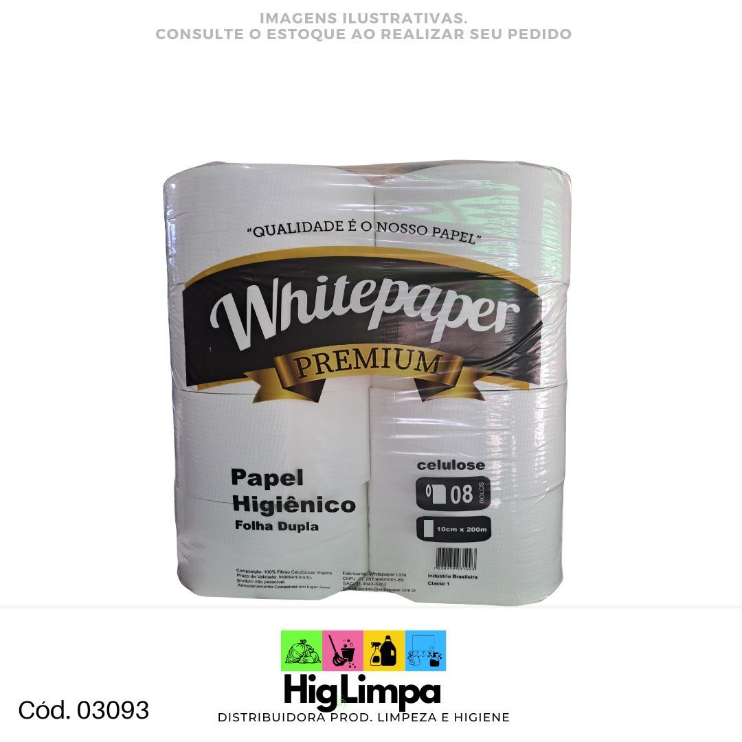 Papel Higiênico Rolão Folha Dupla 100% Celulose - White Paper 8x200m - 3093